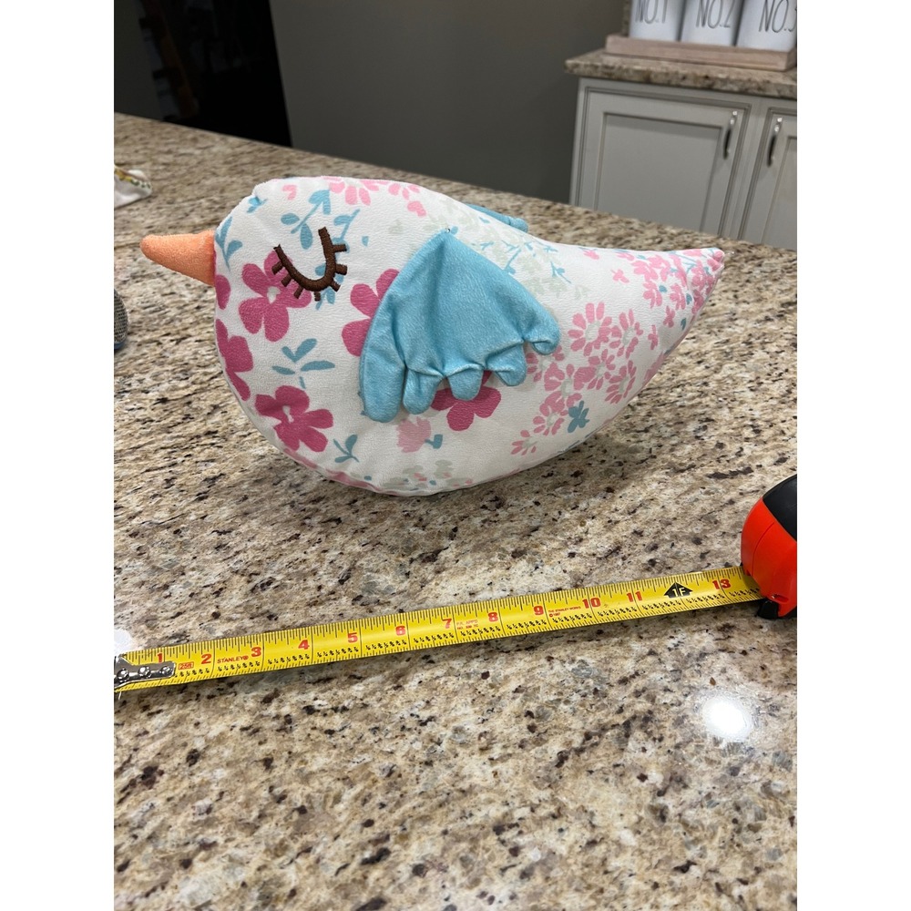 Floral Bird Plush Decorative Pillow Pink Blue Flower Embroidered Nursery Decor